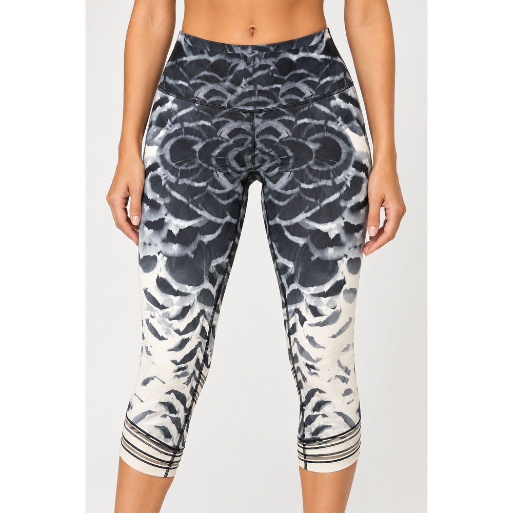 Lululemon High Rise Crop Leggings Black White Feather Print Mesh Detail Womens